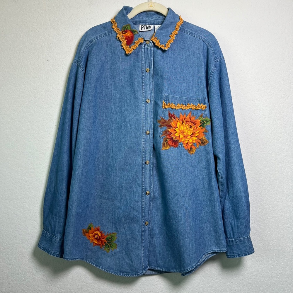 PTNY Denim Button Down Shirt L Blue Womens Cottagecore Floral Patchwork Fringed